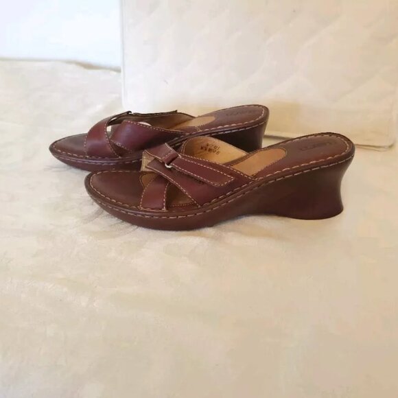 Womens Born Leather Slip On Wedge Sandals 9 M Caramel Brown Open Toe - Picture 4 of 12